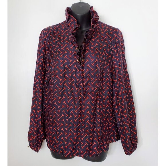 Elizabeth McKay Silk Ruffle Blouse Navy/Red Equestrian Chic T-Bar Print Top Sz 6 - Picture 1 of 13